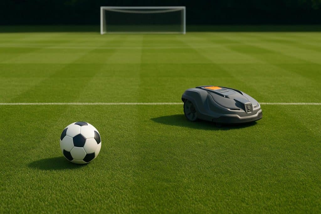 Perfectly manicured football pitch with lush green turf maintained by robotic mowing technology