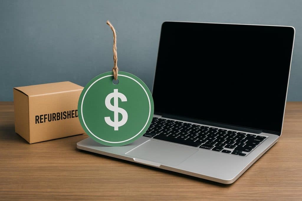 Refurbished MacBook with price tags highlighting savings and value for shoppers