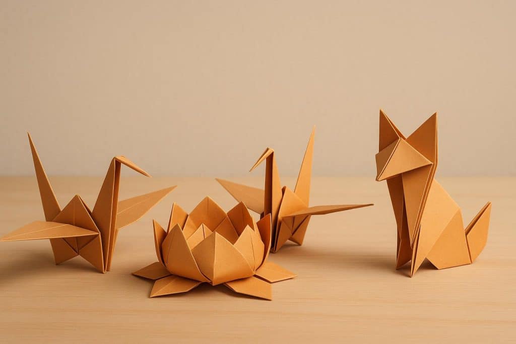 Colorful paper origami cranes displayed on a table, highlighting mindful creativity for adults
