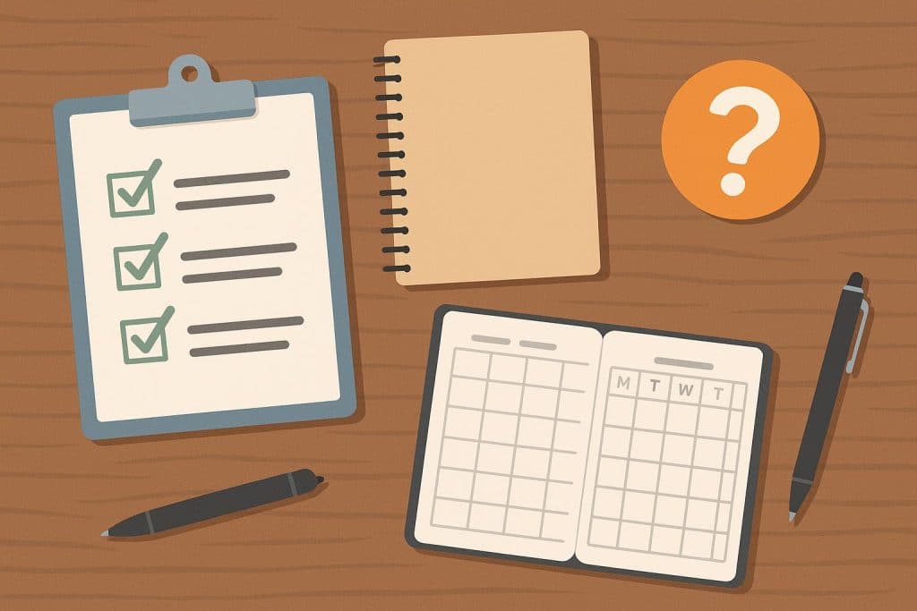 Checklist and documents ready on a desk for preparing a face-to-face medical consultation