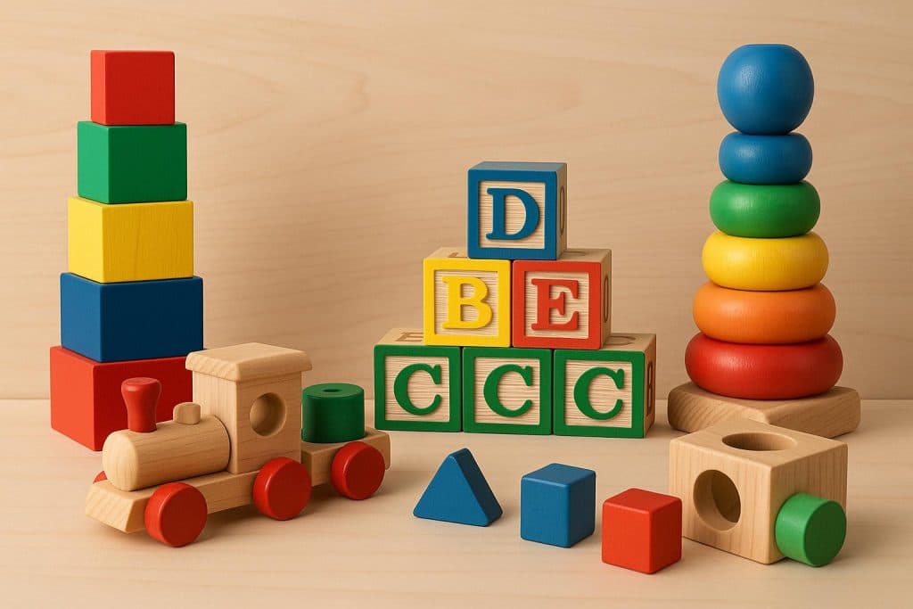 Colorful classic toys like blocks and puzzles supporting child development and life skills learning
