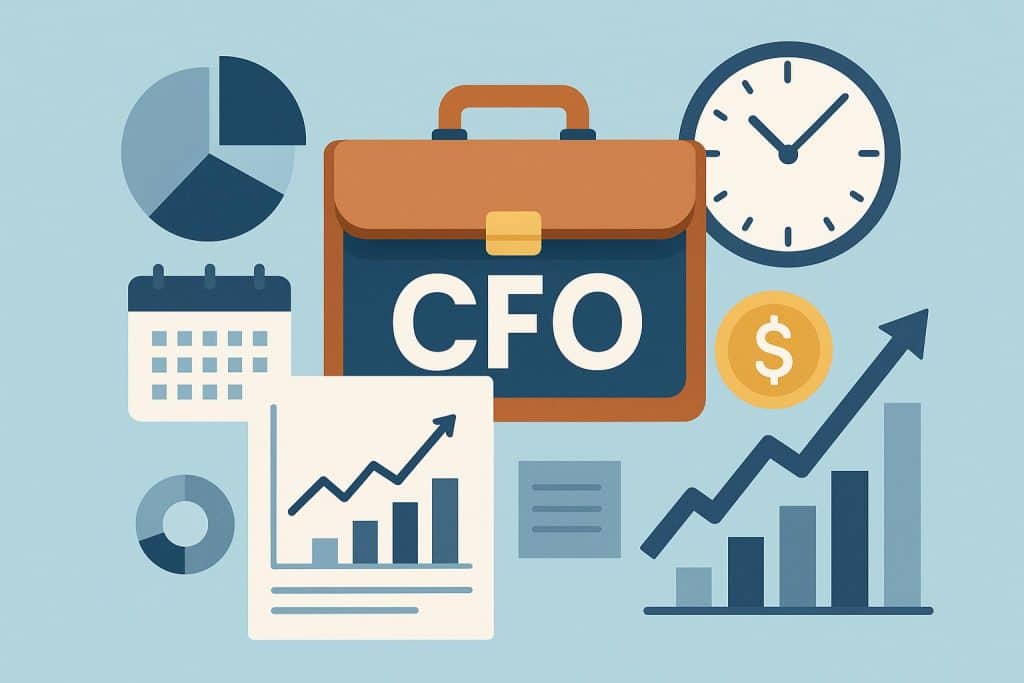 Business owner reviewing financial reports with a calculator and laptop, considering a part-time CFO