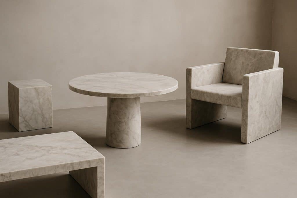 Marble and stone furniture showcasing modern living room design with elegant timeless style