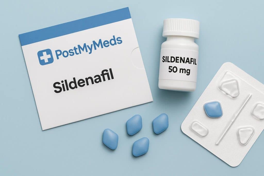 Sildenafil prescription packaging with PostMyMeds logo highlighting trusted online pharmacy service