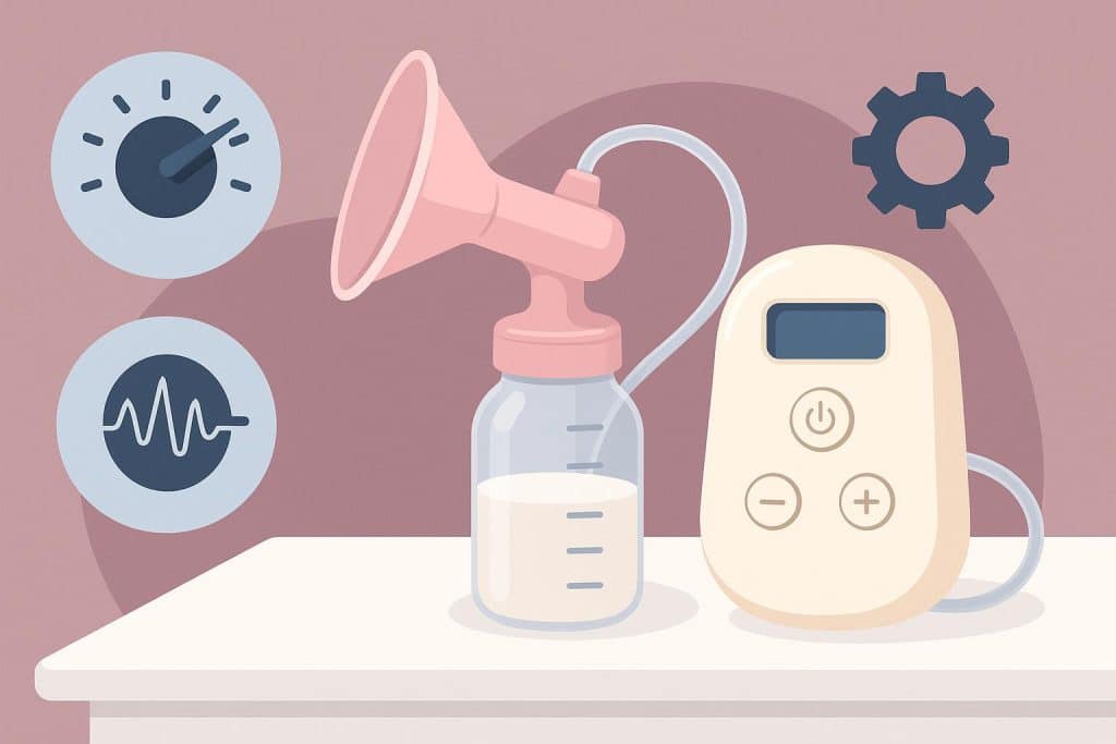 Breast pump with adjustable settings and labeled controls for personalized comfort and efficiency