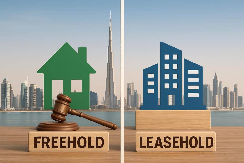 Dubai skyline highlighting freehold and leasehold property types for real estate investors