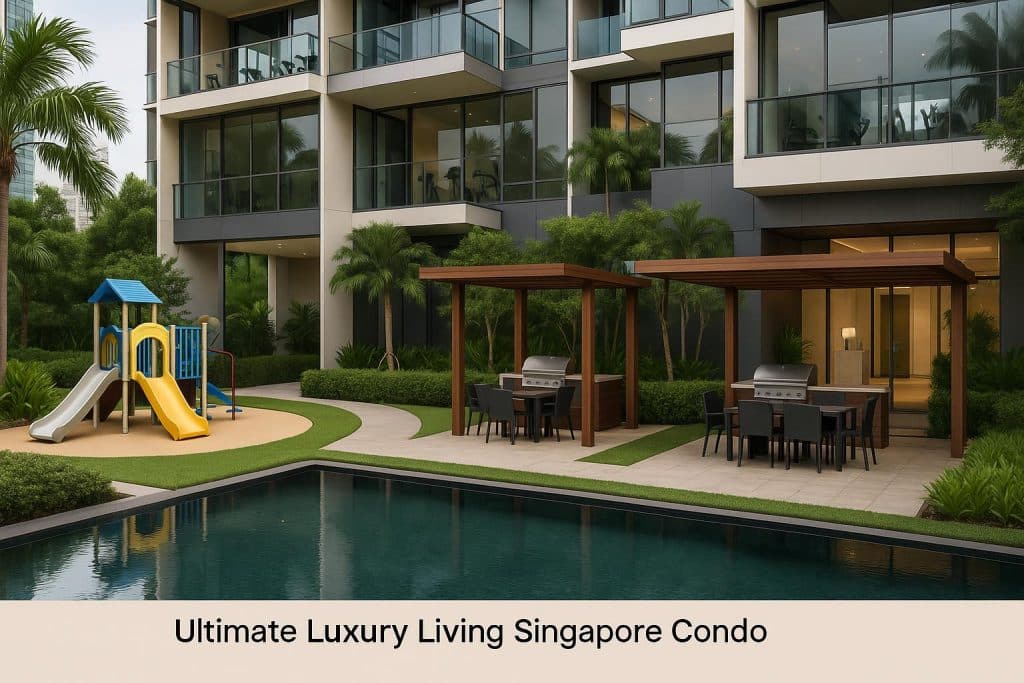 Singapore luxury condo featuring modern gym, children's play area, BBQ pavilions, concierge services
