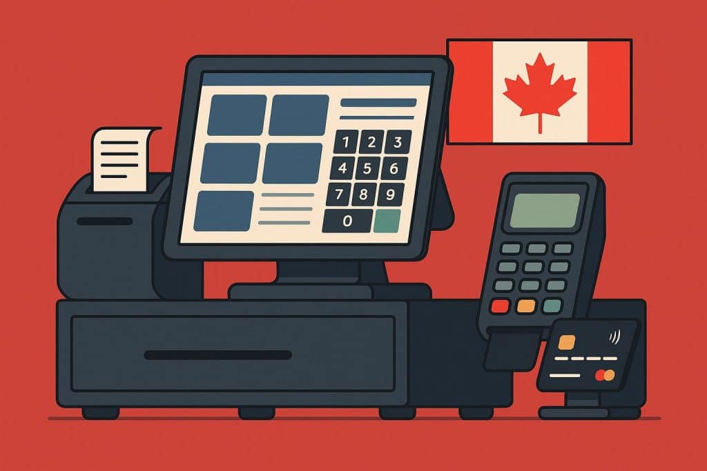 Choosing the Right Retail Systems POS for Canadian Businesses Modern point-of-sale terminal and cash register setup in a Canadian retail store environment