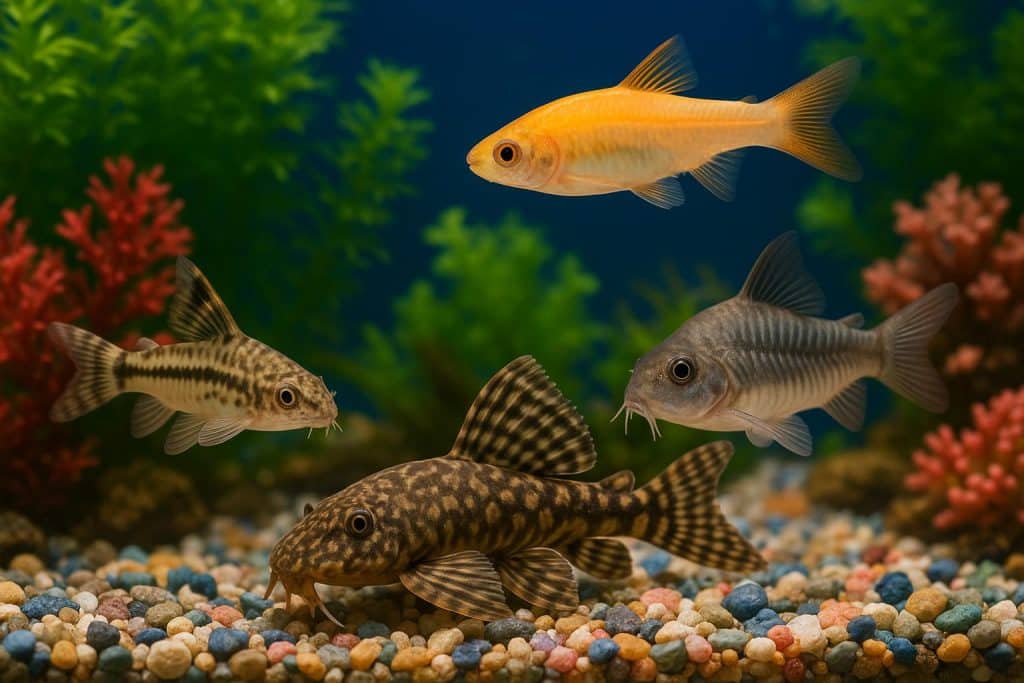 Best Cleaning Fishes to Have in Your Paradise Tank Colorful aquarium fish cleaning algae in a planted paradise tank with vibrant aquatic plants