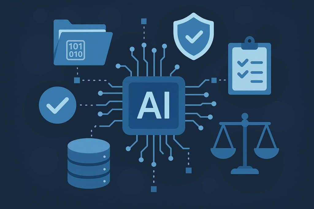 AI-Powered Data Governance: Making Compliance Effortless Abstract AI network with digital data streams representing automated data governance compliance