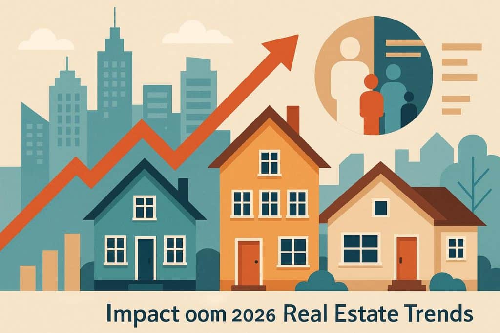 Diverse urban skyline with residential and commercial buildings reflecting real estate market trends