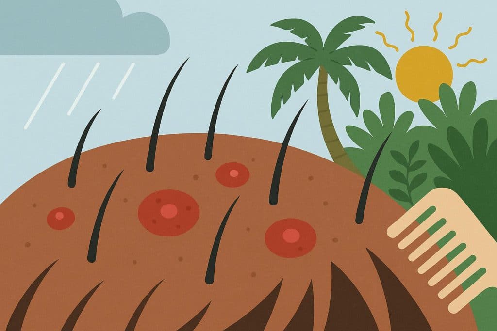 Close-up of an irritated scalp with acne bumps, illustrating scalp acne in humid climates