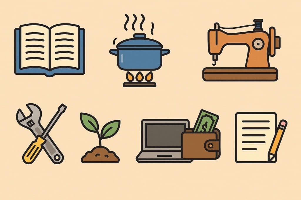 Essential self-reliance skills including cooking, basic repairs, budgeting, and first aid tools