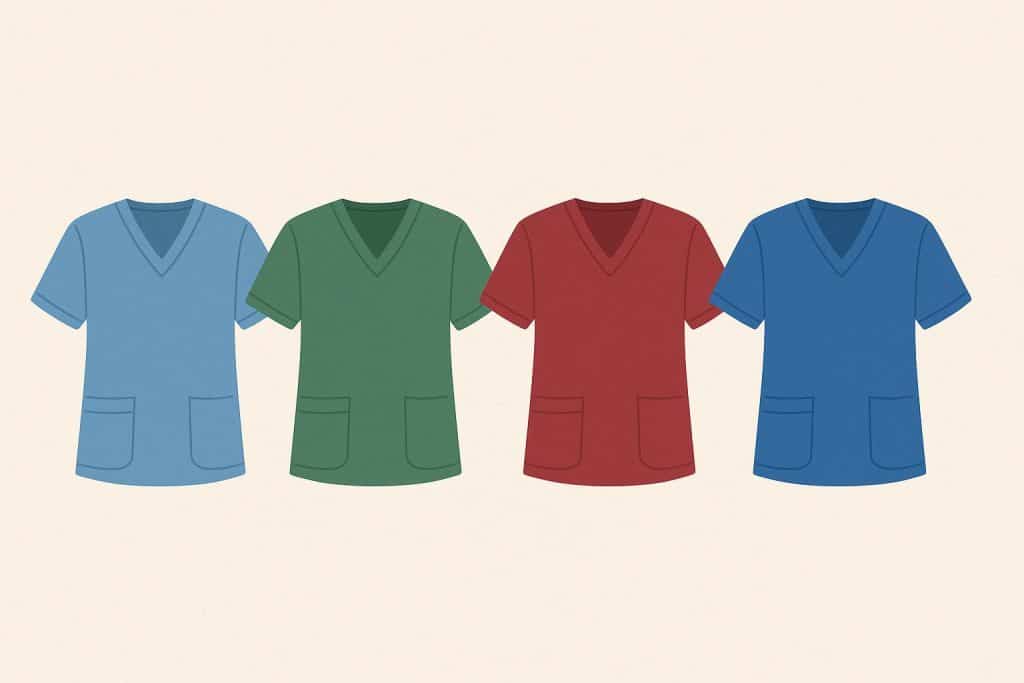 Assorted nurse uniforms in different colors illustrating psychological effects of color in healthcare