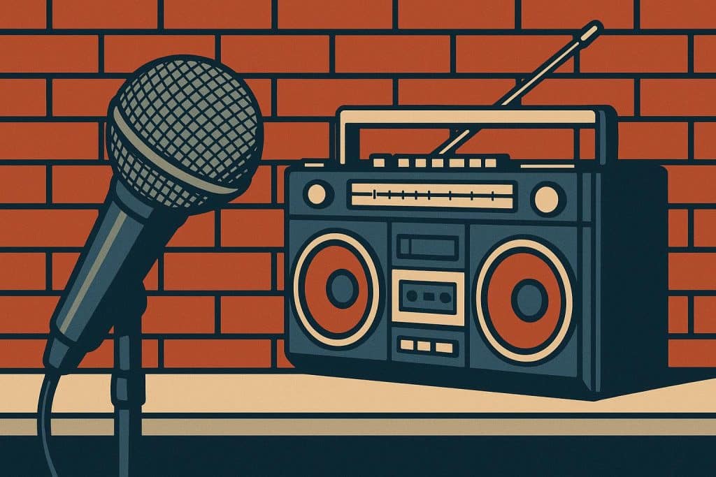 Simone Monasebian: Rap’s Path from Street Culture to Mainstream Recognition Graffiti art blending with musical notes symbolizing rap’s evolution from street to mainstream culture