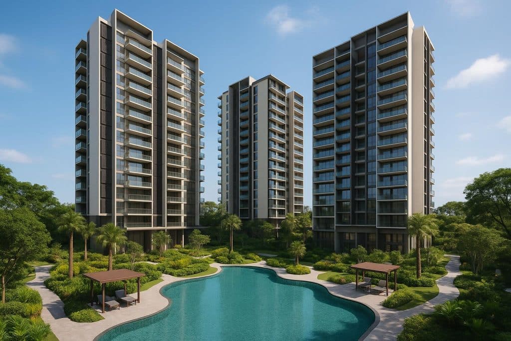 Modern façade of Lentor Gardens Residences condominium set against Singapore city skyline