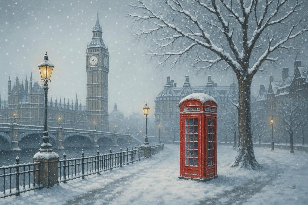 Snowy London street with red double-decker bus and winter travel essentials in foreground