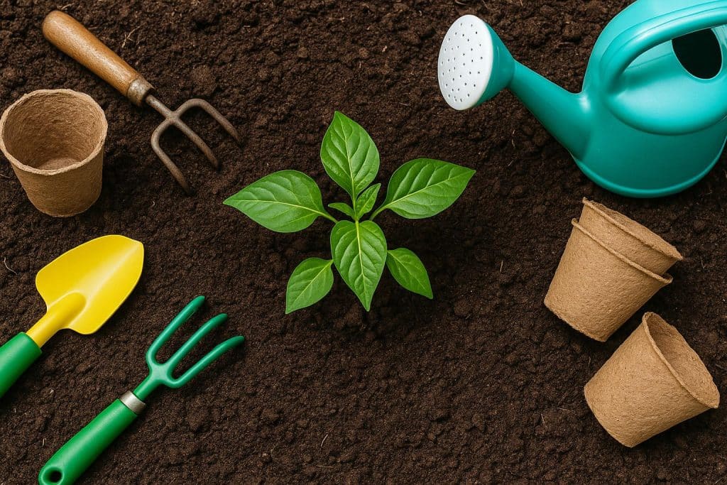 Children gardening outdoors, planting young plants in soil, promoting hands-on learning activities