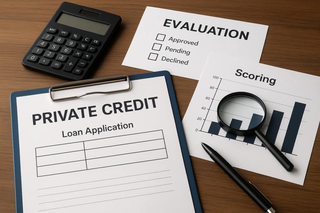 Private credit underwriter reviewing financial documents for application evaluation process