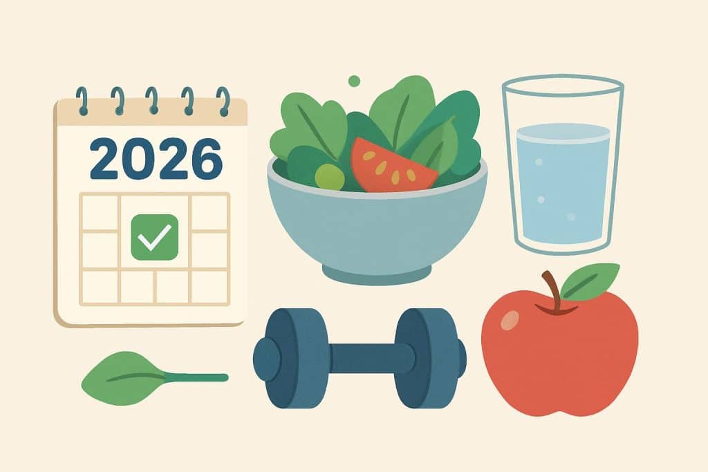 5 Healthy Habits to Pick Up This 2026 Colorful assortment of fruits, vegetables, water bottle, and running shoes promoting healthy habits