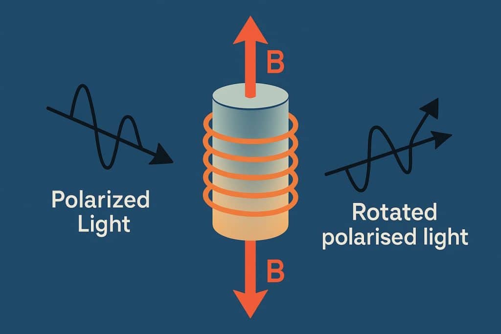 Light waves interacting with magnetic field, illustrating the Faraday Effect in optical systems