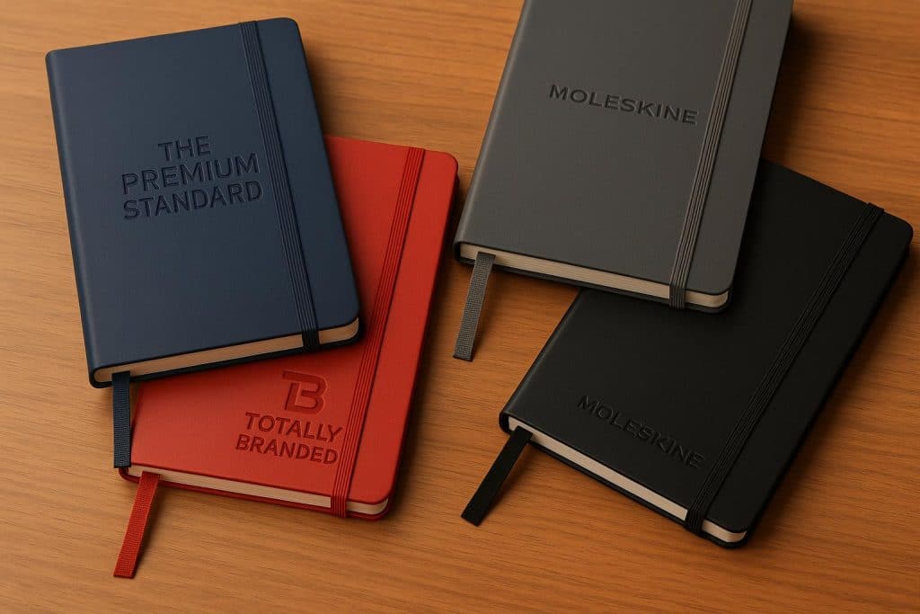 Custom personalized Moleskine notebooks with branded logos displayed on a desk at Totally Branded