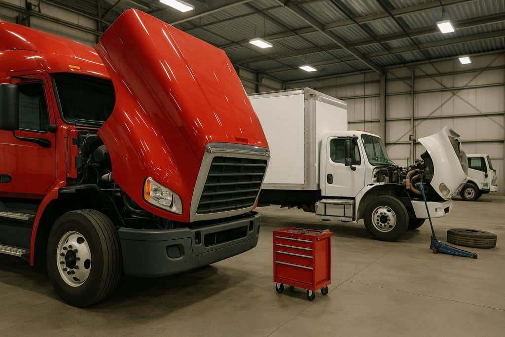 Mechanic servicing a commercial truck at a repair shop in Texas for vehicle maintenance