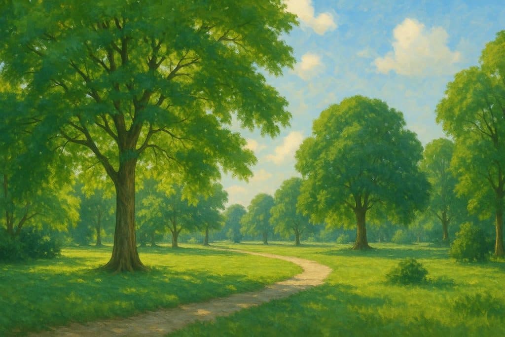 Lush urban park with abundant green trees promoting cleaner air and improved living environment