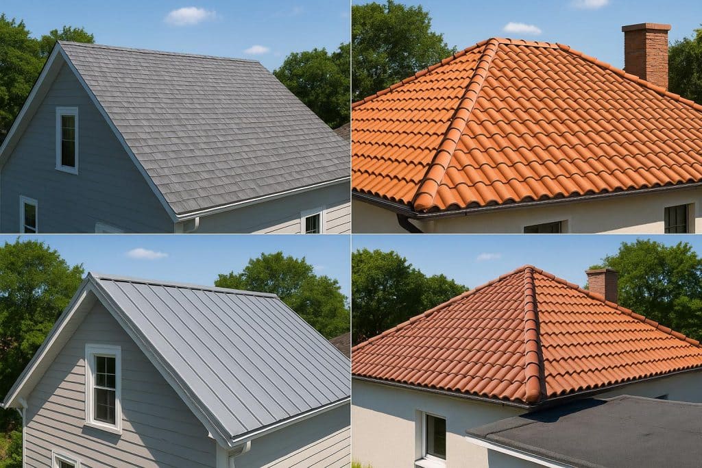 Various residential roof types side by side, showcasing materials and styles for comparison