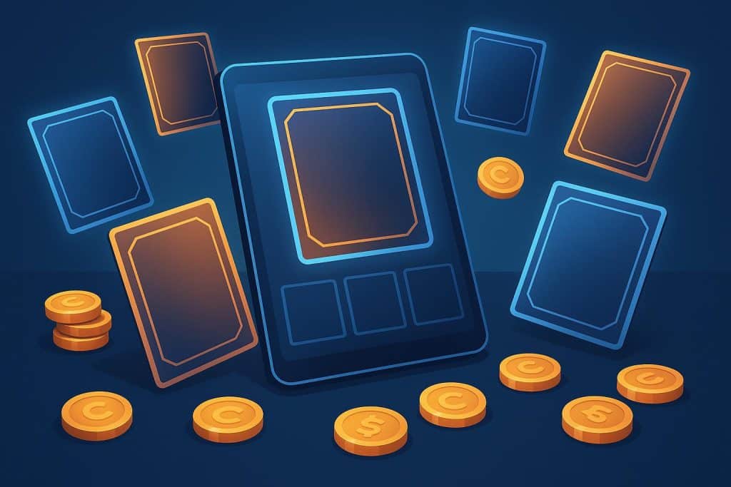 Colorful digital trading cards displayed on multiple platform screens for trading card enthusiasts