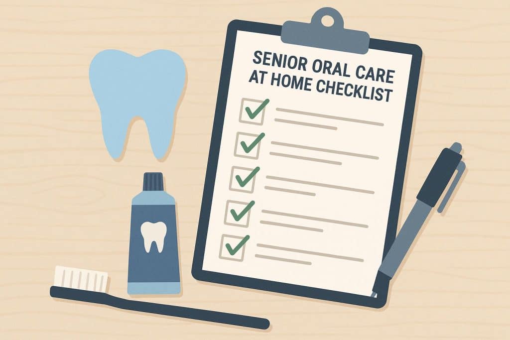 Checklist with toothbrush, dental floss, and denture cup for senior oral care at home