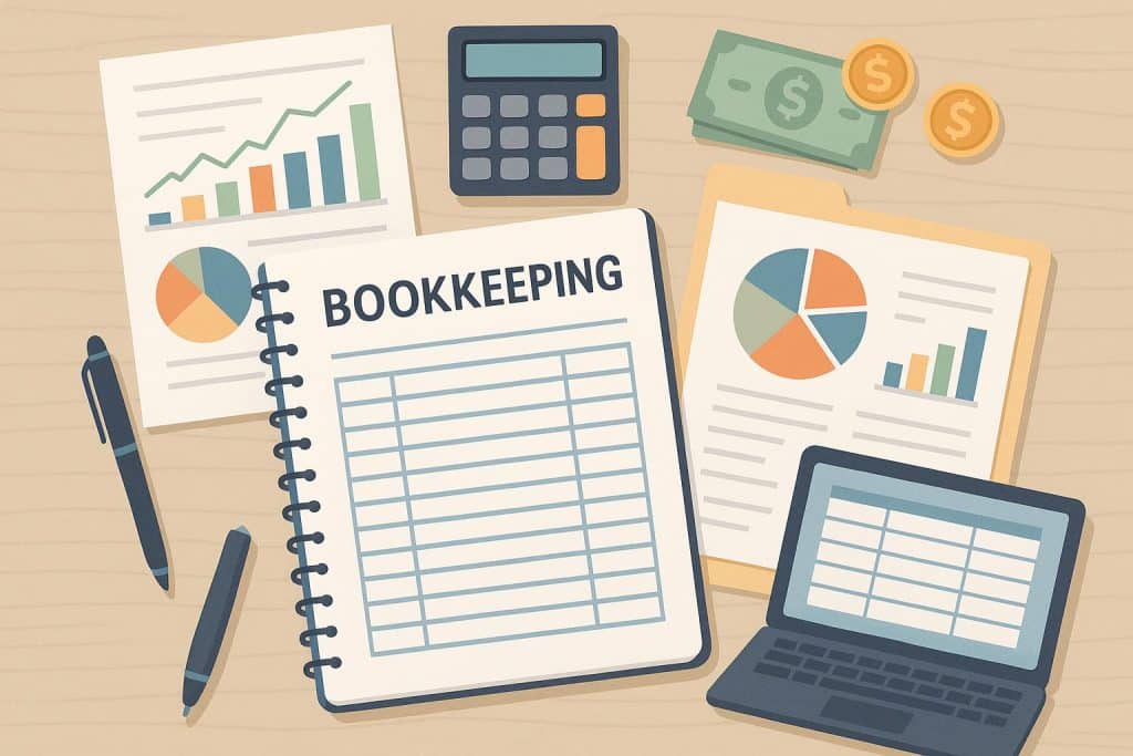 Open ledger with financial documents and calculator illustrating fractional bookkeeping process