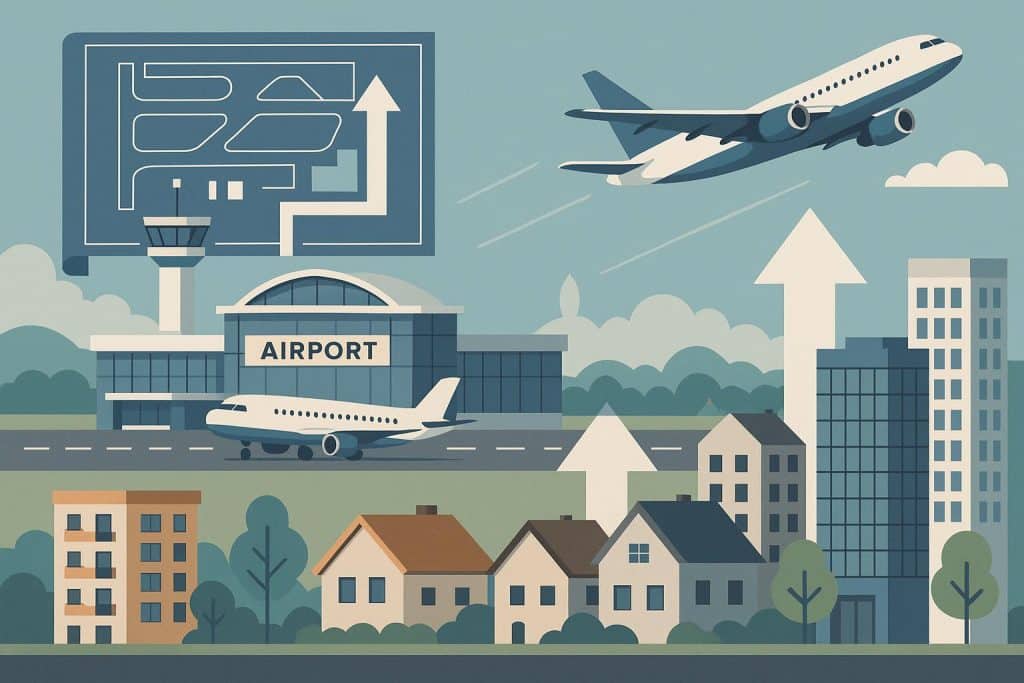 The Influence of Airport Expansion and Relocation Plans on Property Demand Aerial view of airport construction near residential areas impacting local property demand