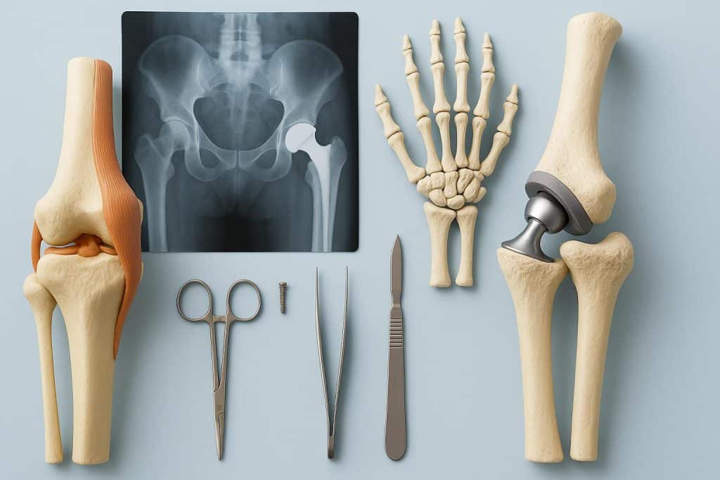 Surgical tools and orthopedic models highlighting bone and joint surgery in modern medicine