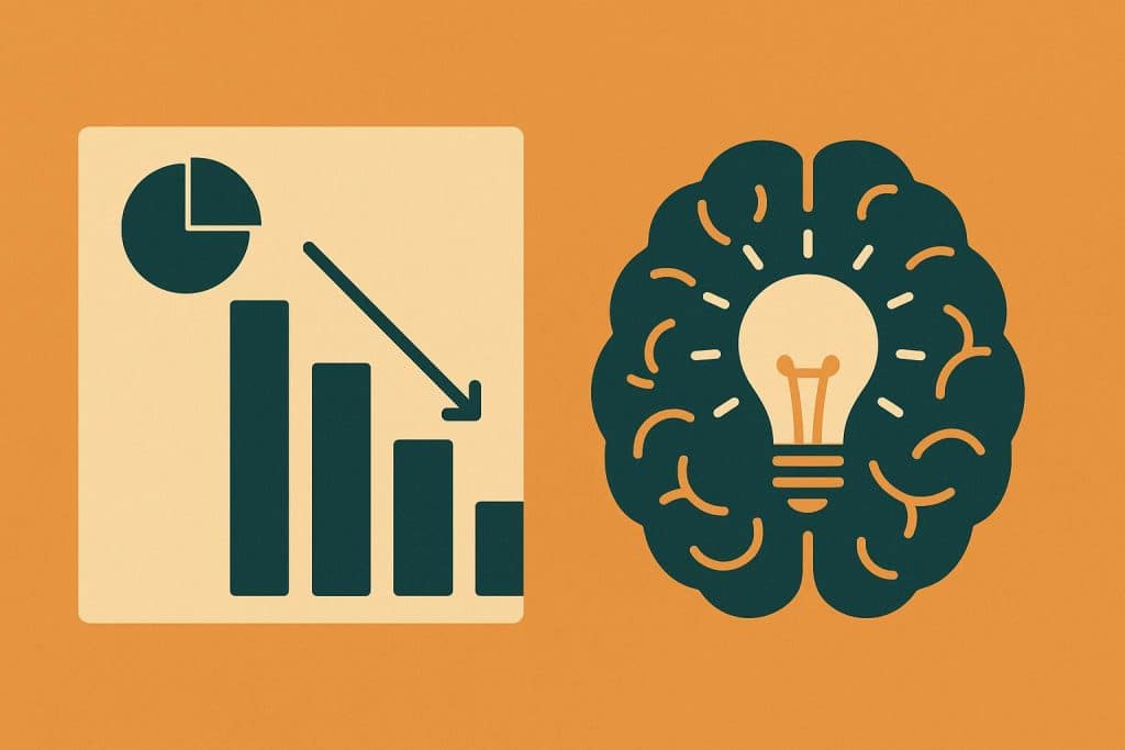 Abstract visualization of data charts contrasting with a glowing intuition-inspired lightbulb