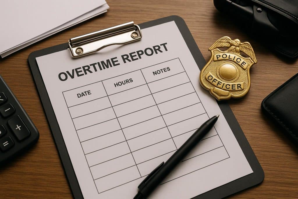 Police chief reviewing overtime reports at desk with documents and digital spreadsheets