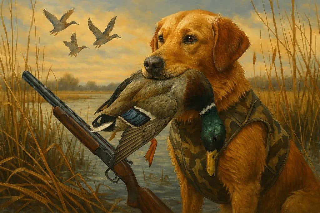 Labrador retriever poised in marshland during duck hunting for ideal hunting dog selection