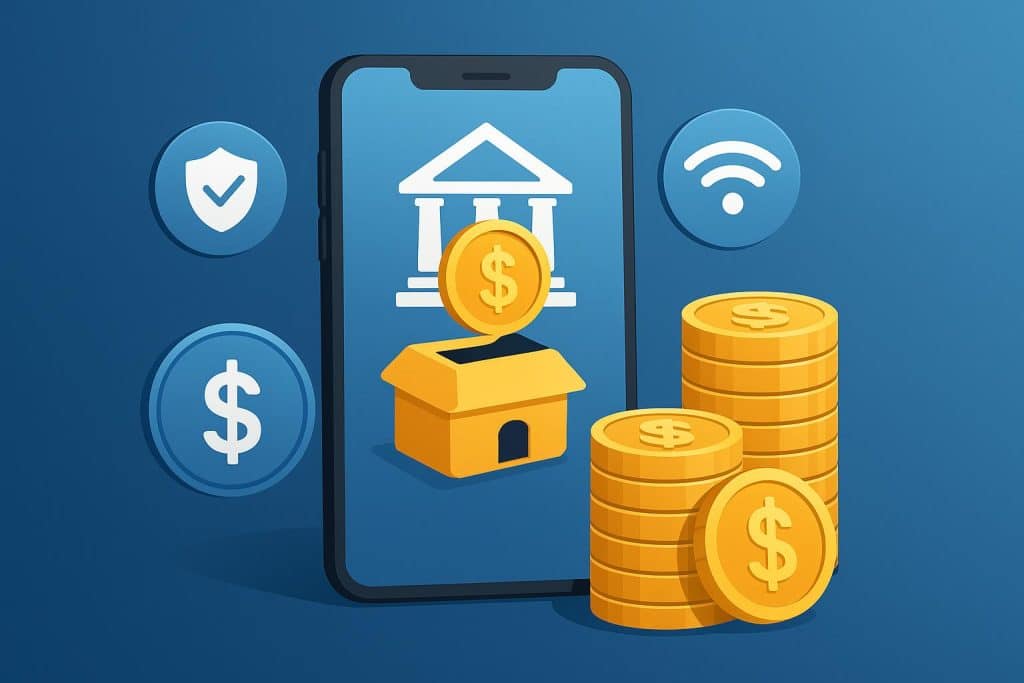 Digital savings account illustration showing online banking benefits and secure money management