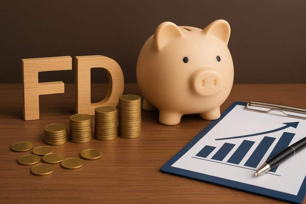 Stack of coins and financial charts illustrating benefits from rising FD interest rate trends