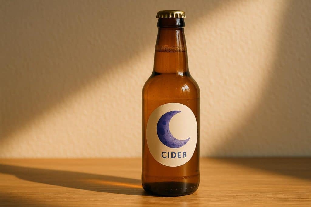 Tiny Moon Cider branding with company logo, highlighting co-founder Christian Comair’s business
