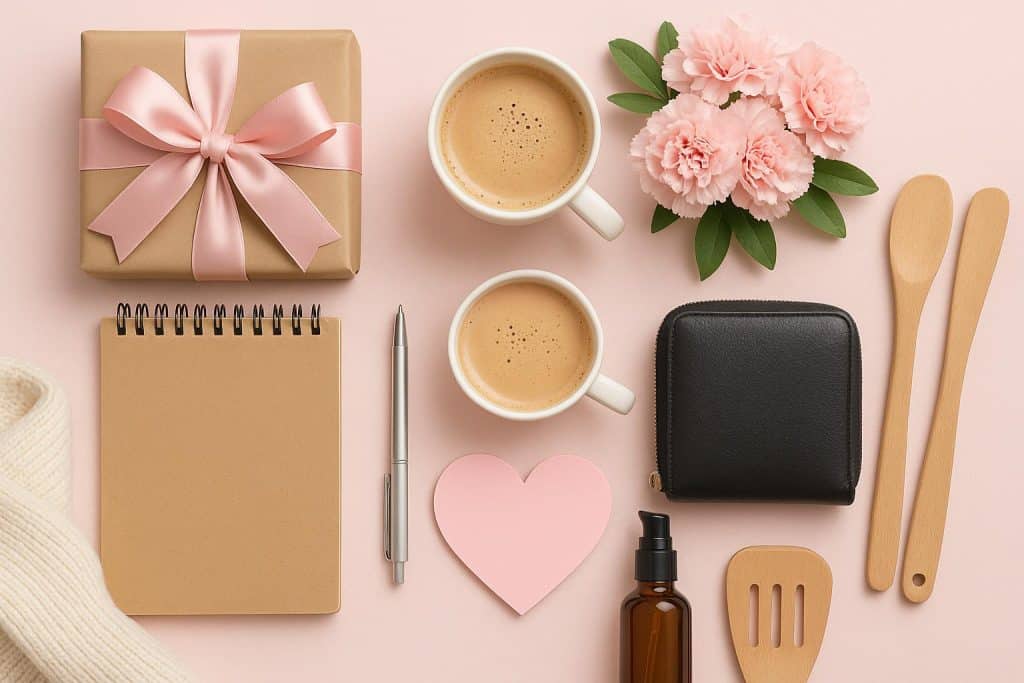 Assorted affordable Mother’s Day gifts including flowers, candles, mugs, and self-care items