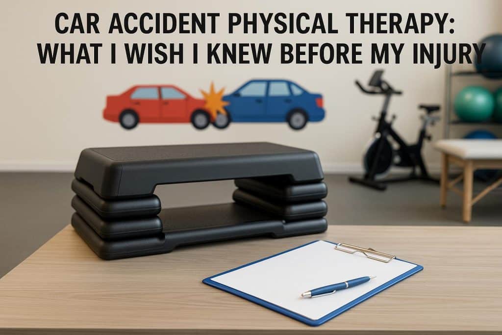 Therapist assisting patient with exercise after car accident injury in a rehabilitation clinic