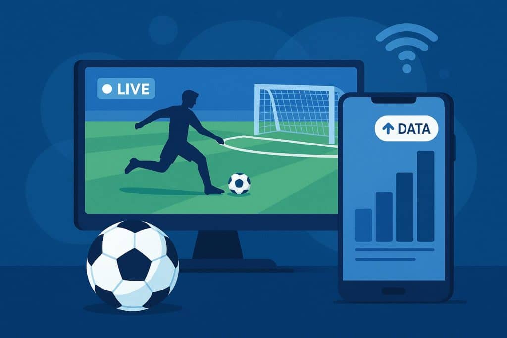 Smartphone displaying data usage stats while streaming a live football match on a network dashboard