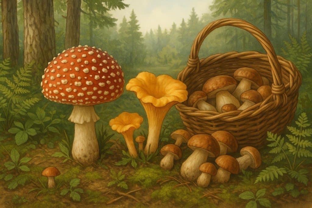 Assorted edible wild mushrooms in a forest setting showcasing safe mushroom foraging practices