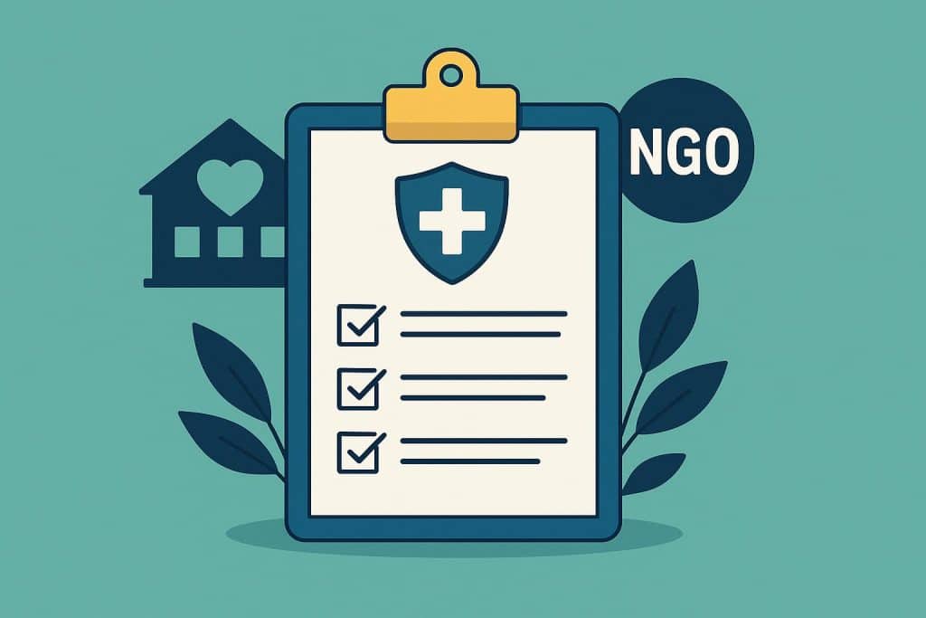 Health insurance coverage concept for NGOs and non-profit organizations, medical and teamwork symbols