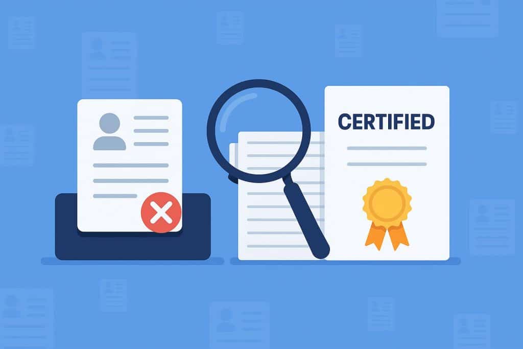 Business analyst certification document with HR checklist highlighting resume screening process