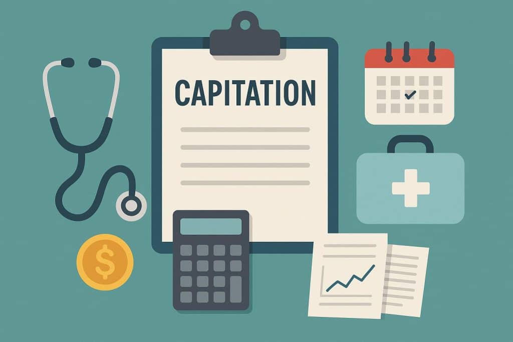 Primary care physician reviewing patient charts to illustrate capitation in daily medical practice