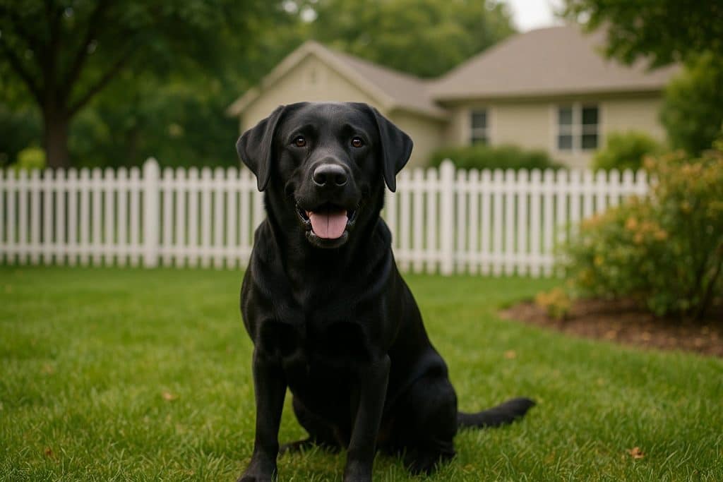Black Labrador retriever sitting happily in a family living room, showcasing its friendly nature
