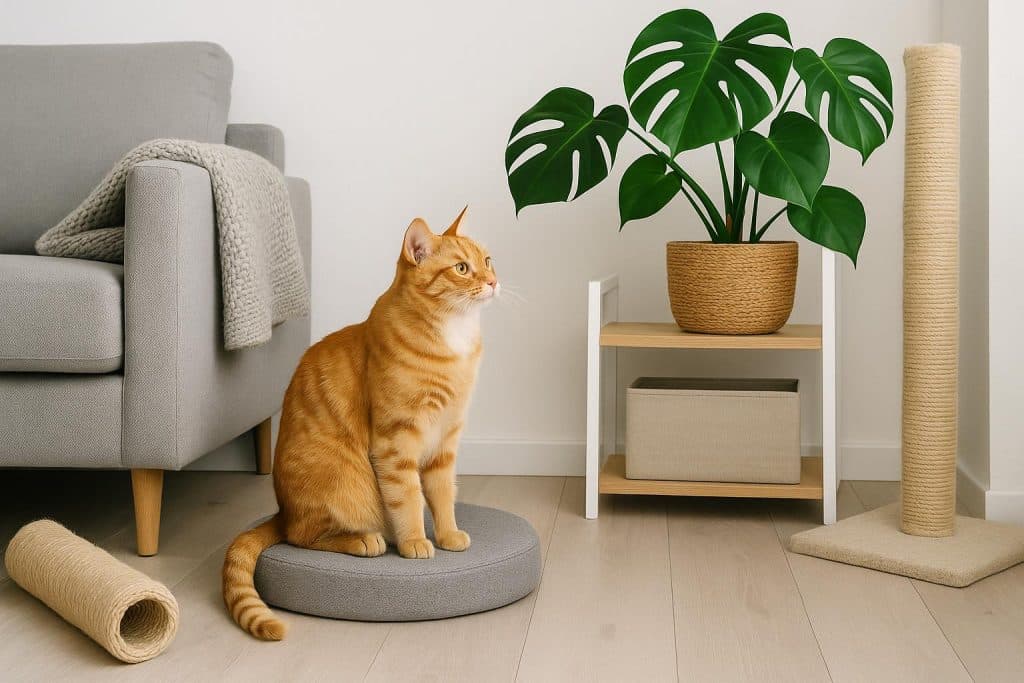 Curious tabby cat exploring a modern condo living room with secure cat-proofing features