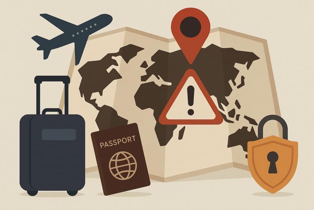 Traveler with backpack reviewing safety map at checkpoint in a high-risk travel destination